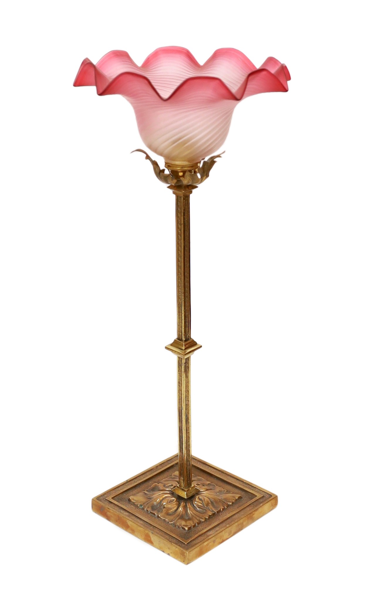 An early 20th century English lacquered brass table lamp with tinted and frosted glass shade, height 46cm